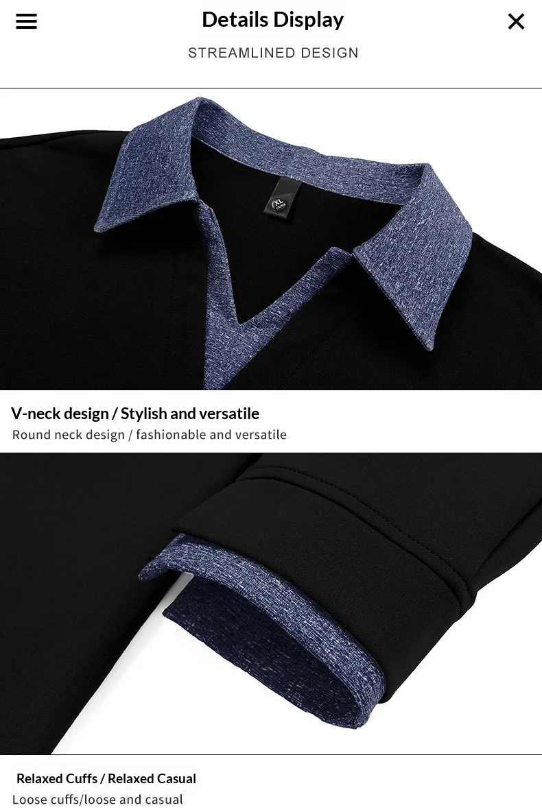 العصرية كبيرة الحجم اللون مطابقة قميص بولو سترة برقبة على شكل v الرجال الربيع والخريف جديد وهمية قطعتين قميص فضفاض قاع #5