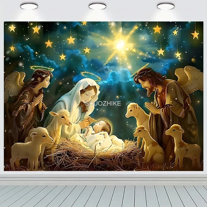 

SHUOZHIKE Nativity Scene Manger Photography Backdrops Props Christmas Day Fireplace Birth of Jesus New Year Background RD-48