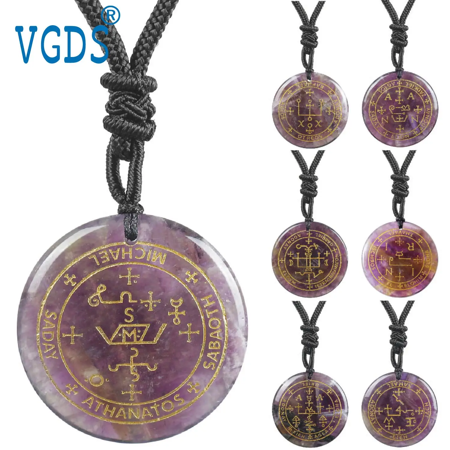 

Natural Amethyst Carving Seven Angel Pattern Round Pendant Carving Archangel Spiritual Power Purple Noble stone Jewelry Necklace