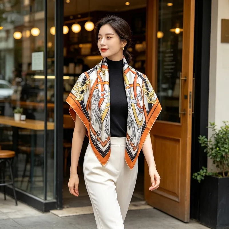 88x88cm Square Scarf 100% MULBERRY SILK Twill 14MM Orange Equestrian Chain Bit Print Women Neck Scarf Head Wrap Bag Band Shawl
