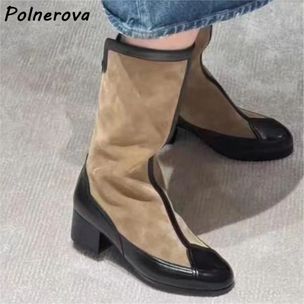

Patchwork Khaki Black Ankle Boots Round Toe Square Chunky Heels Back Zipper Sewing Shoes Women Fashion Mixed Color Winter Boots