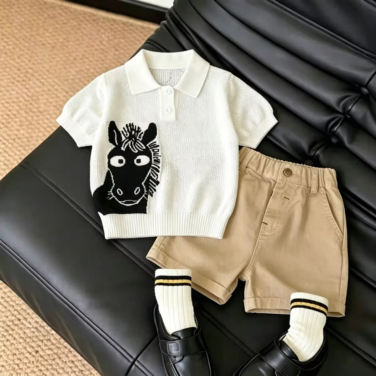 

Boys Summer Outfit Set New Style Short-Sleeved Thin Knit Shirt And Shorts Two-Piece Set for Children