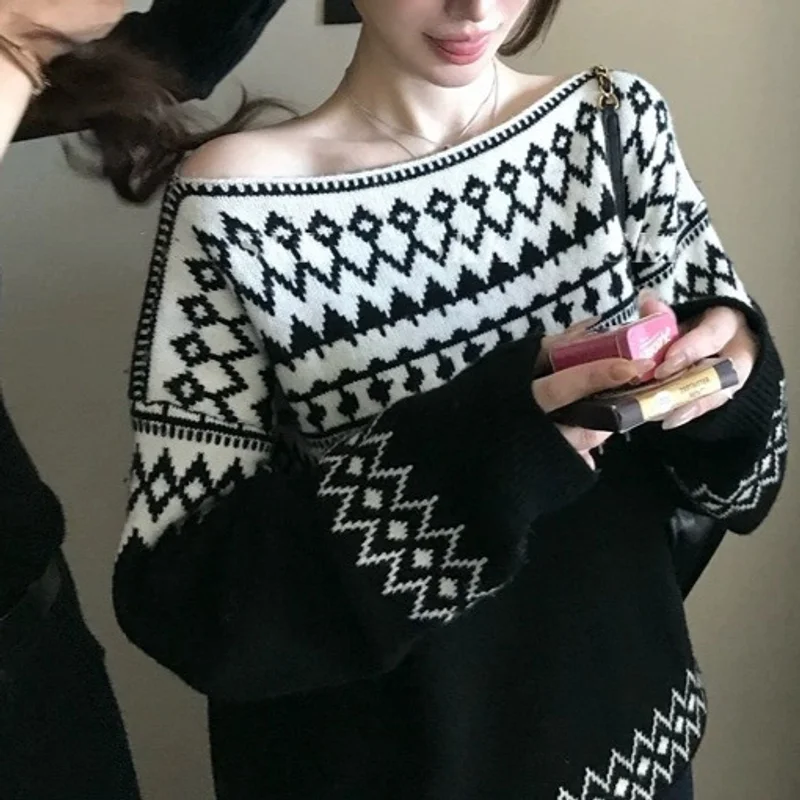 Women Off Shoulder Fair Isle Knit Sweater Long Sleeve Geometric Jacquard Loose Retro Casual Pullover