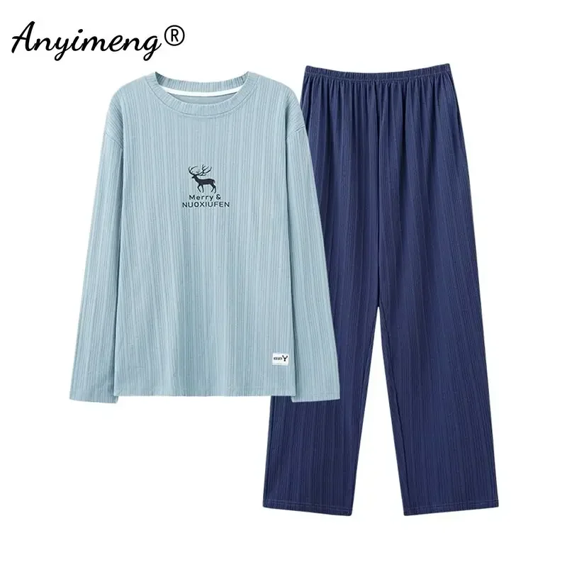 L-4XL Men's Pajamas Set Autumn Winter Knitted Cotton Casual Sleepwear for Man Full Length Pijamas Elegant Male Pyjamas Nightwear