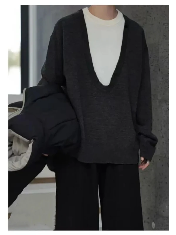 

Свитер оверсайз 300 Pou для мужчин и женщин, многослойный, с большим V-образным вырезом, осенний, в стиле lazy, универсальный, вязаный.