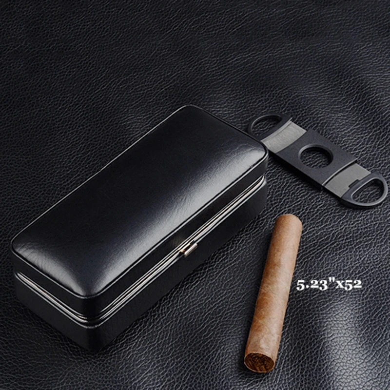 

Black Cigar Case Cedar Wood Lined Cigar Holder Man-made leather Box C Logo Mini Humidor With Cutter - Personalized Gift for M