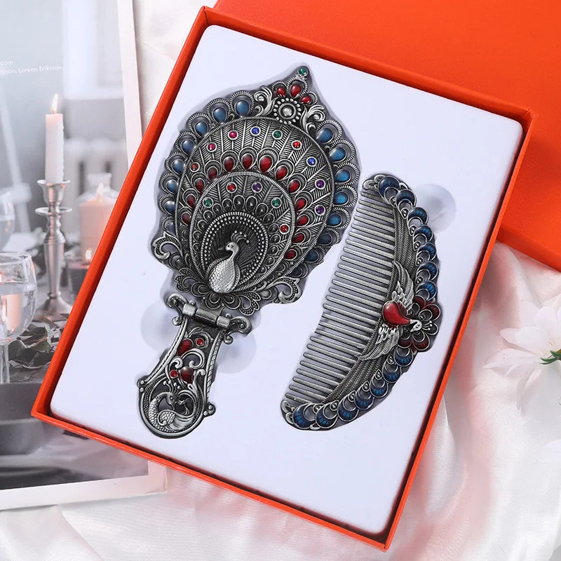 Folding Retro Handheld Metal Makeup Mirror Desktop Stand Portable European Carved Comb Mirror Set Gift Box