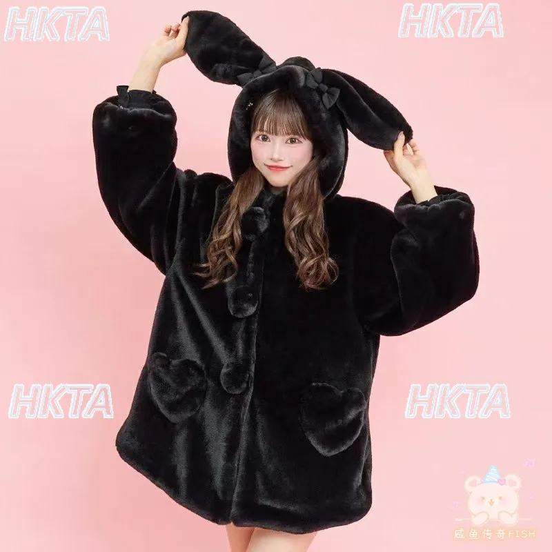 Japońska Zimowa Nowa Ciepła Kawaii Urocza Kreskówkowa Puszysta Produkcja Masowa Lolita Futrzana Kurtka Dziewczęca Słodka Luźna Codzienna Futrzana Narzutka Damska