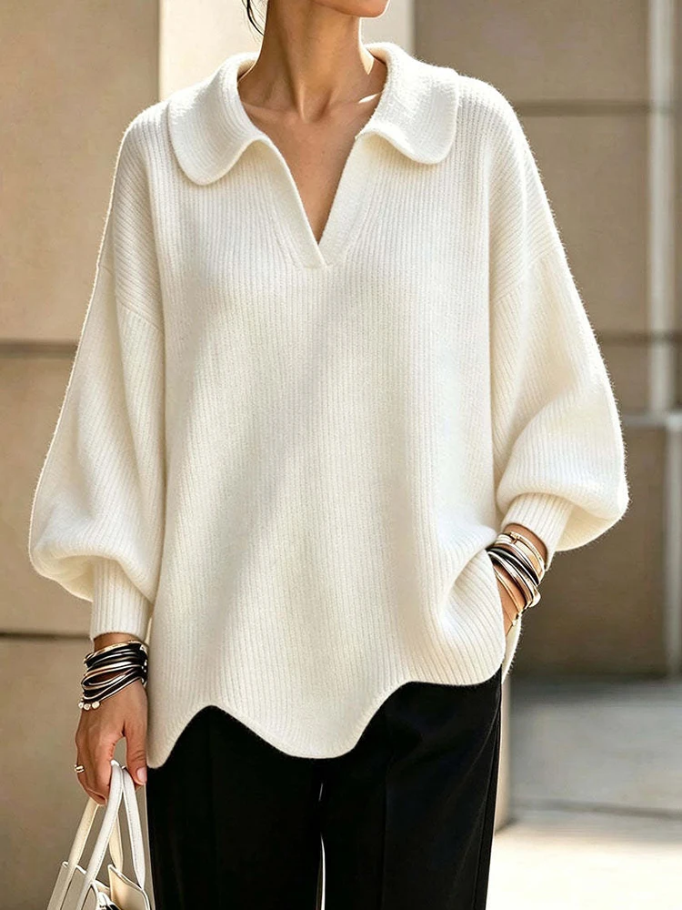 Women's Long Lantern Sleeve Loose Sweater Autumn Winter V Neck Simple Sweet Pullover Solid Elegant Knitted Ladies Top Streetwear