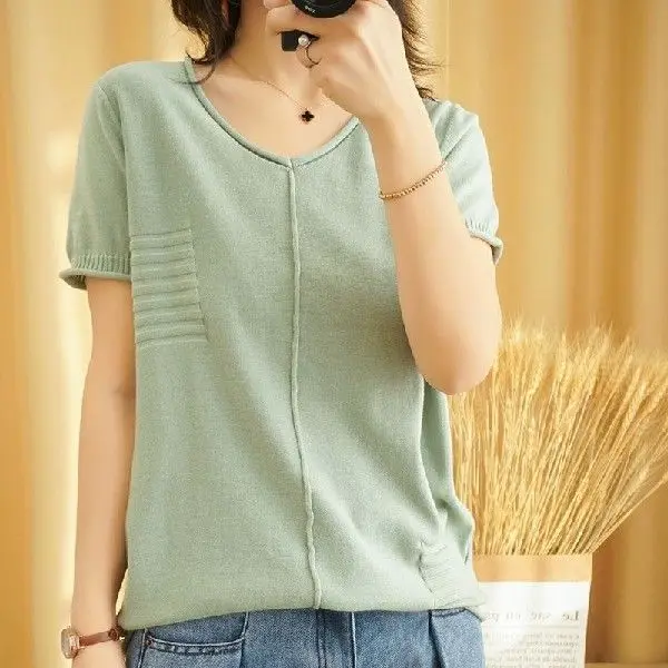 

Women's Cotton Linen Knitted V-Ne ort Sve T-irt Comfortable Breathable Summer Faion Casual Top