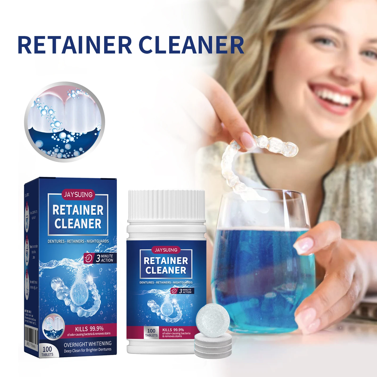 Denture Cleanser Tablets Retainer Effervescent Tabs Remove Stain Discoloration Bad Odors Mouth Guards False Tooth Cleaning Tabs