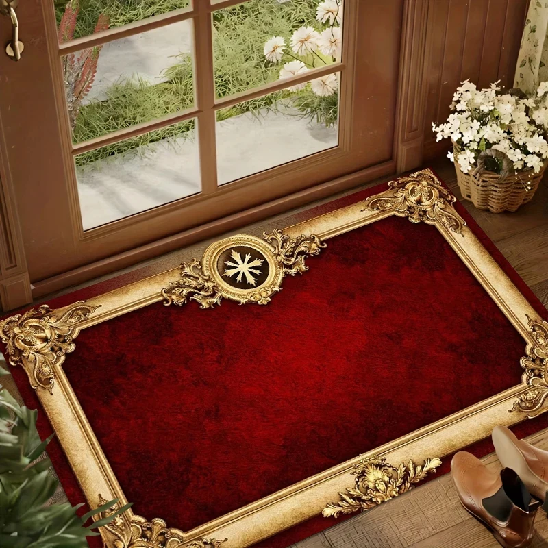 VIKAMA Red Gold Carpet, Non-Slip Frame Rug for Living Room, Luxury Home Decor
