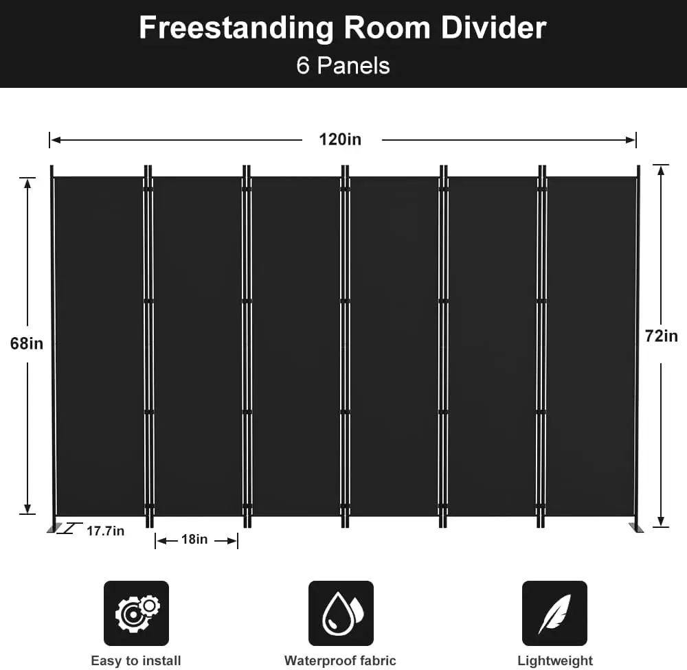 6 Panel Room Divider, 6FT Tall Folding Privacy Screen Wall Dividers, Portable Privacy Screen Freestanding Room Divider for Room