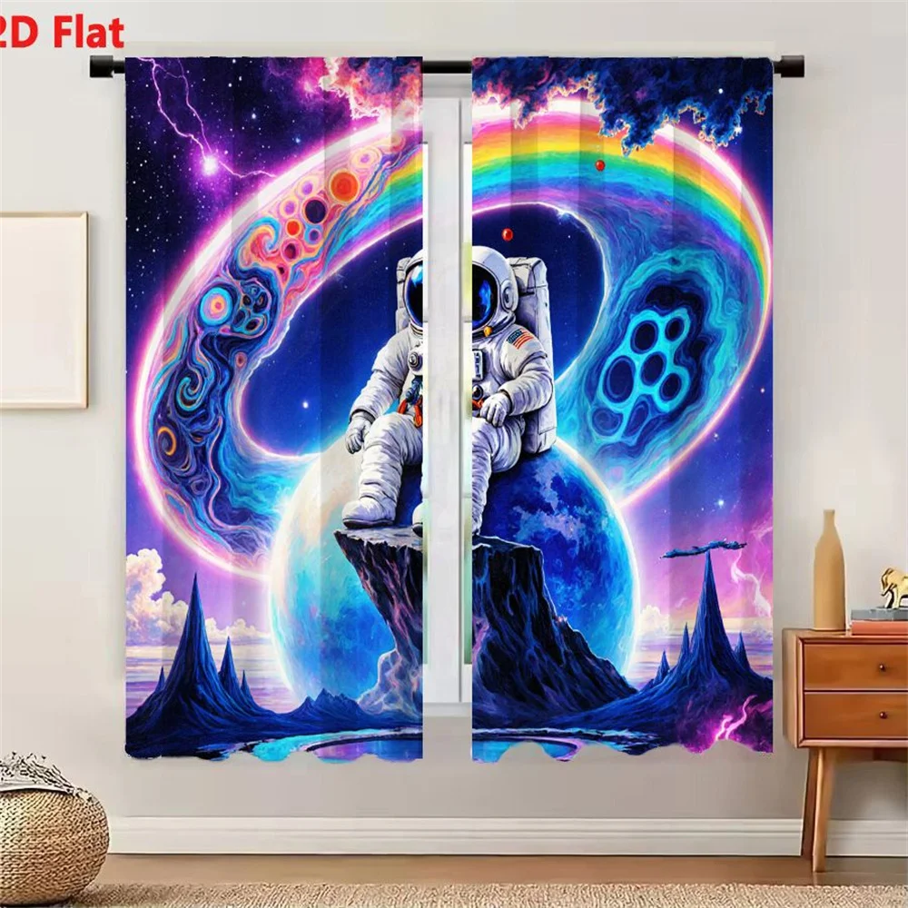 2Pcs Curtains 2D Flat Astronaut In White Spacesuit With American Flag On Rocky Outcrop Over Cosmic Landscape With Rainbow Ring A