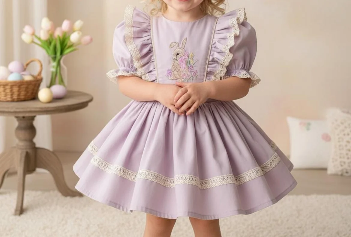 Girls Summer Light Purple Vintage Princess Dress with Cute Rabbit Embroidery Design for Easter Birthday Holiday Photography B590