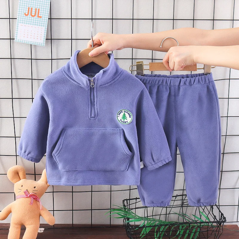 

2023New Children's Autumn and Winter Set Boys' Fashion Plush Thickening Set Girls' Solid Color Sports Two Piece Set 0-6Y