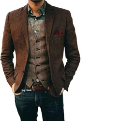 S-6XL (Only Coat) Men's Suit Brown Herringbone Blazer Prom Tuxedos Wool Tweed Single Breasted Two Buttons Wedding Jacket