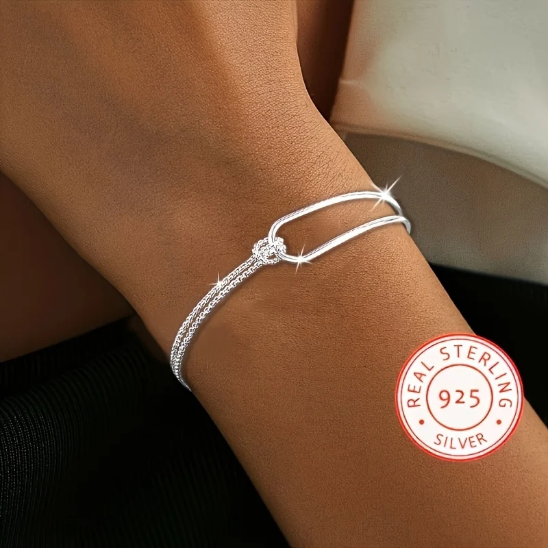 

925 Sterling Silver Bracelet, Light Luxury, Minimalist Design, Summer-Style Half-Bangle, Half-Chain Jewelry
