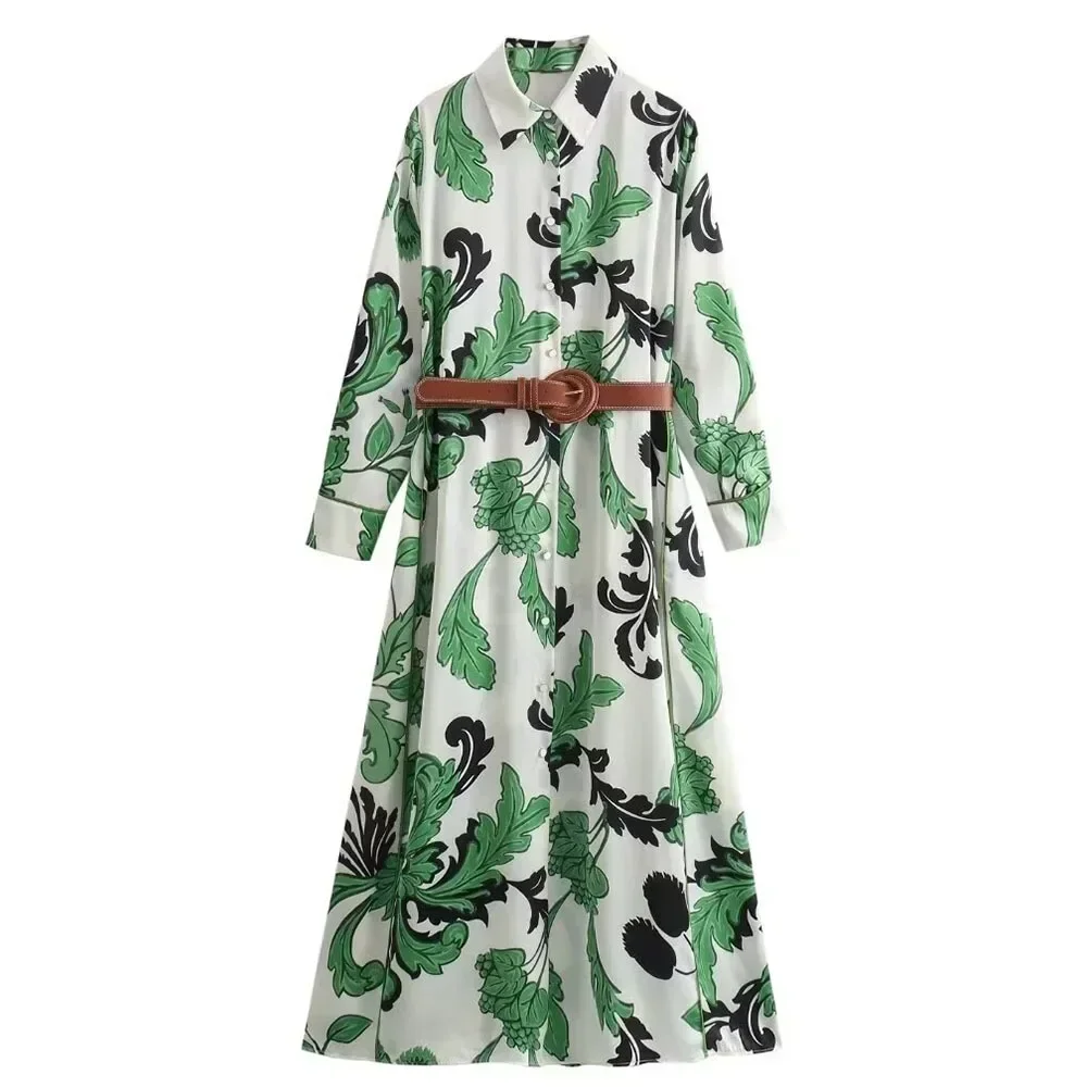 여성용 실크 새틴 질감 프린트 원피스, 전면 슬릿 디자인 롱 스커트, 벨트 셔츠 스타일, 신상