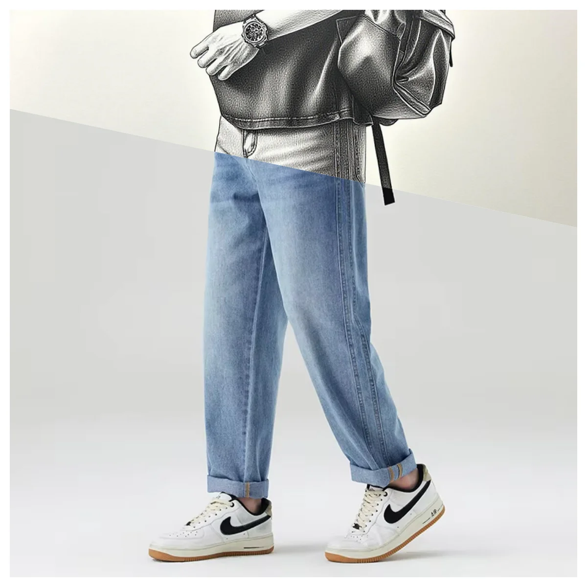 

Denim Trouserst hin Elastic Men's Casual Jeans Cone shaped loose fit pants Straight Wide Leg Pants High Quality Brand Denim Tr