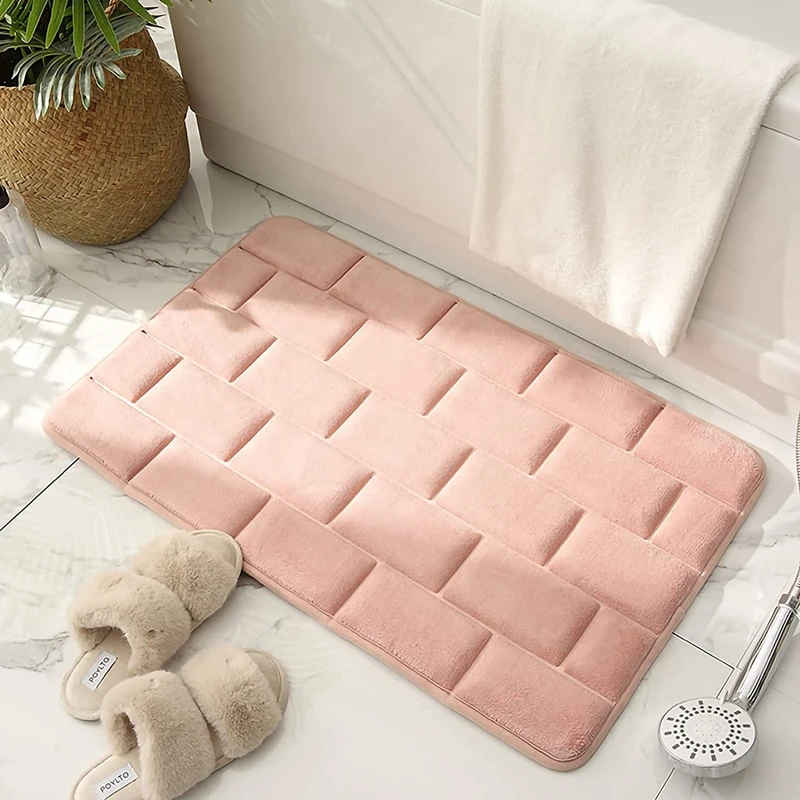 Inyahome Comfortable Non-Slip Bathroom Rugs Pink Bath Mats Memory Foam Cozy Velvet Bathroom Rug Carpet Esteira Ultra Absorvente