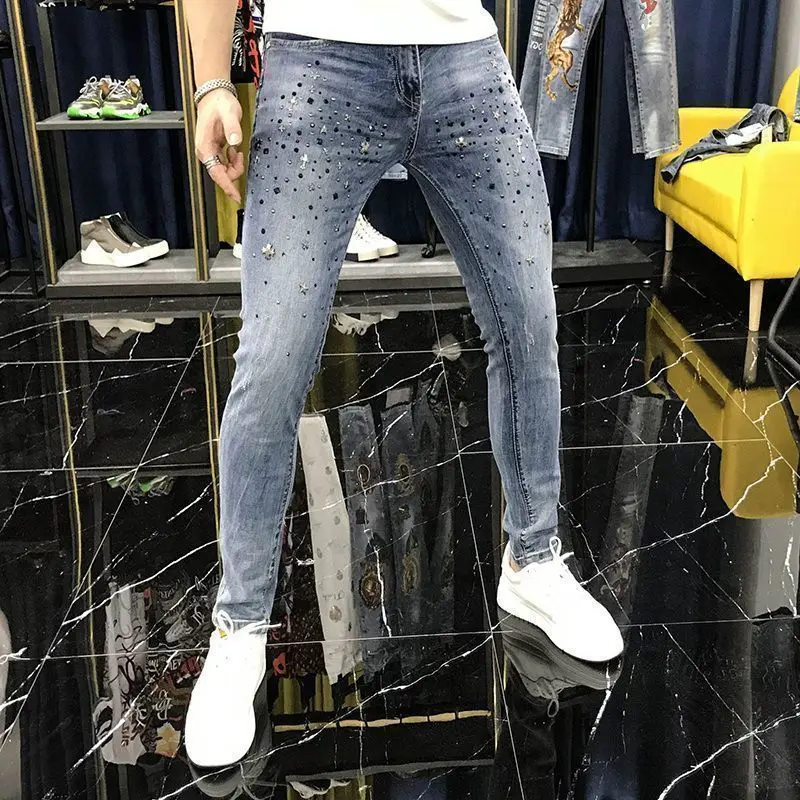 

Men's Clothing Spring and Summer Simple Rivet Hot Drilling Slim-fit New Casual Men's Jeans Washed Pants