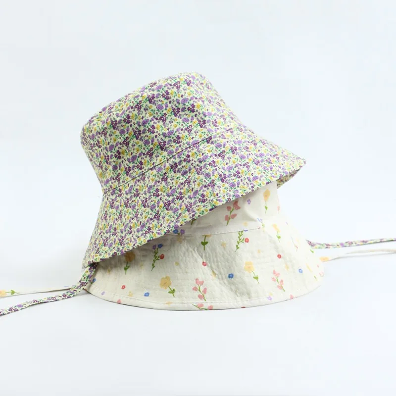 Korean Style Fresh Floral Sun Hat with Strap, Gentle Wide Brim Fisherman Hat for Beach Vacation