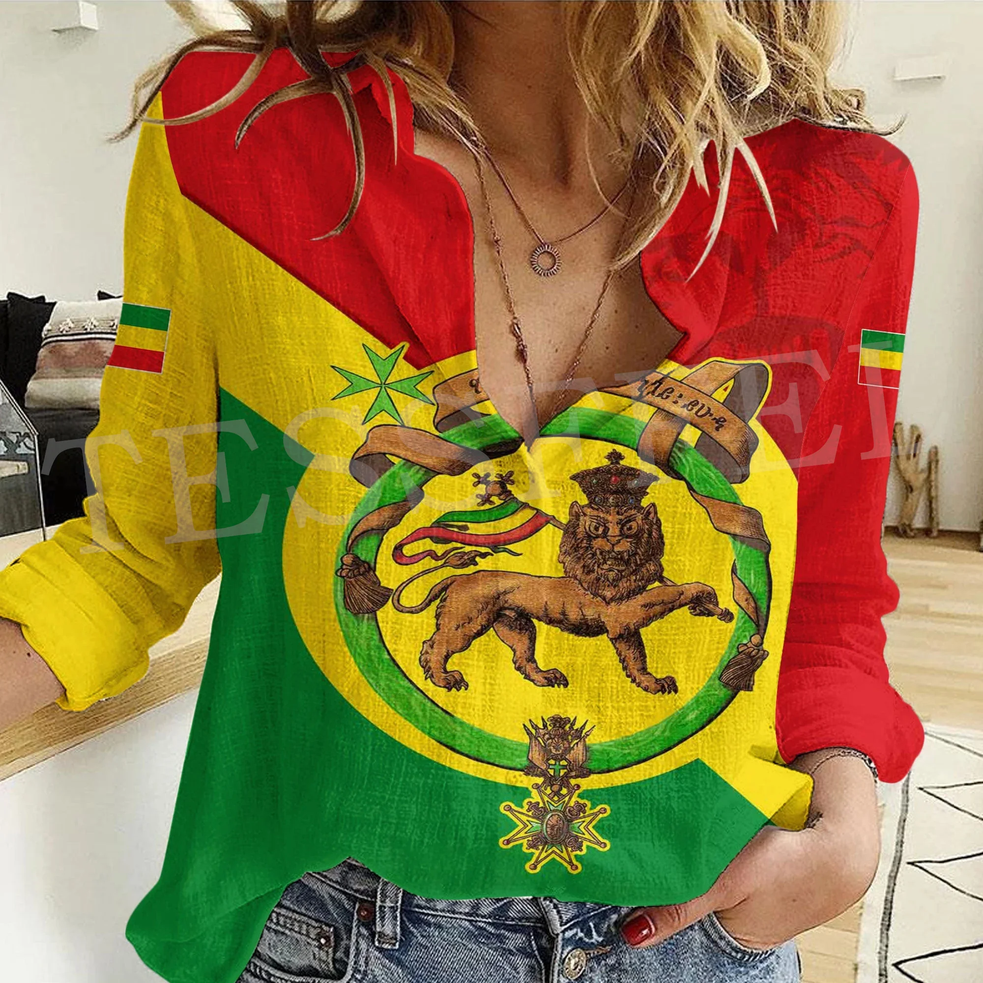 Africa County Ethiopia Eritrea Tigary Rasta Reggae Lion Tattoo Retro 3DPrint Button-Down Shirts Long Sleeve Women Casual Shirt M