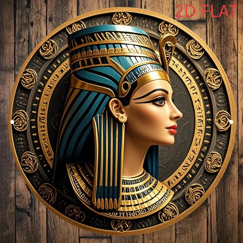 Nefertiti Bust Wall Art Decor, 2D Aluminum Metal Sign with Egyptian Hieroglyphic Patterns, Vintage Pharaoh Golden Turquoise 8x8