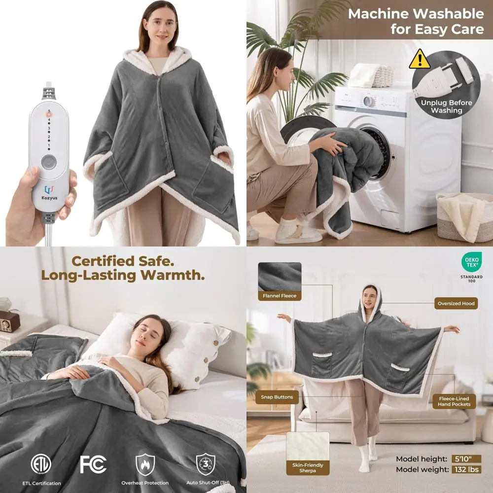 

Одеяло с подогревом, капюшоном и карманами, 5 температурных режимов, автоматическое отключение, моющееся, сертифицировано, унисекс, светло-серое