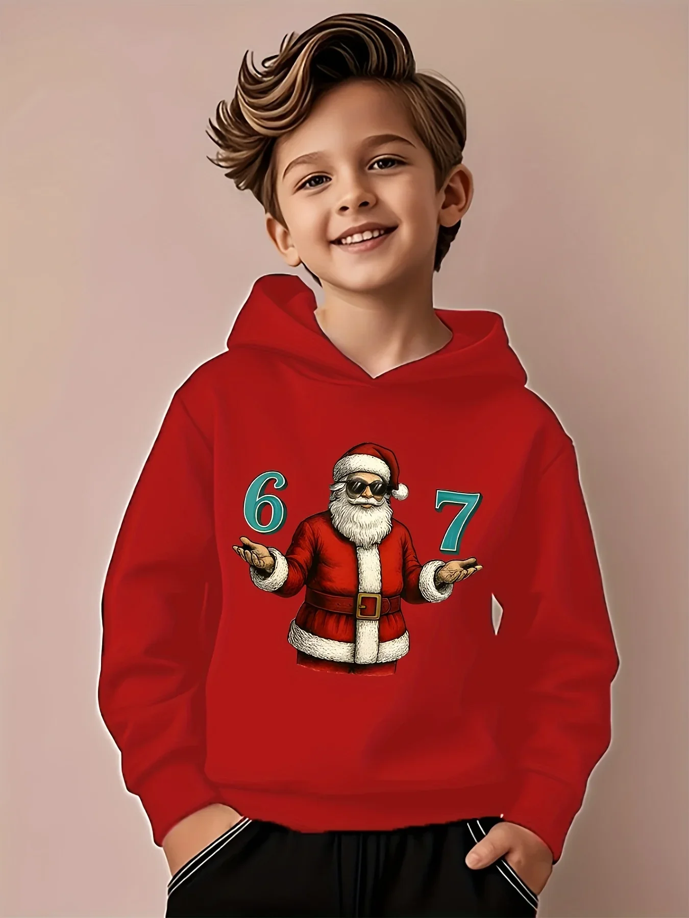 Children's Santa Claus Print Fleece-Lined Hoodie – Soft, Warm, and Comfortable Casual Pullover for Autumn and Winter