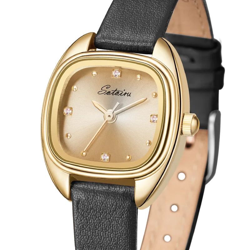 Sotoiru Gold Watch For Woman Square Shape Fashion Japan Quartz Wristwatches  Classic Black Leather Birthday Women Gifts
