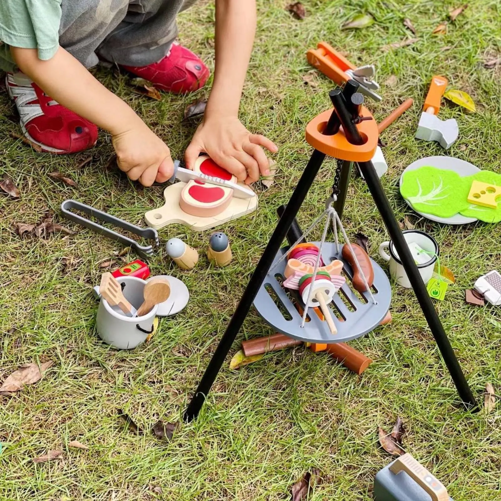 

Wooden Barbecue Playset Screenscreenless Campfire Cooking Playset Campfire Role Play Toy Compact Camping Cooking Set Easy To
