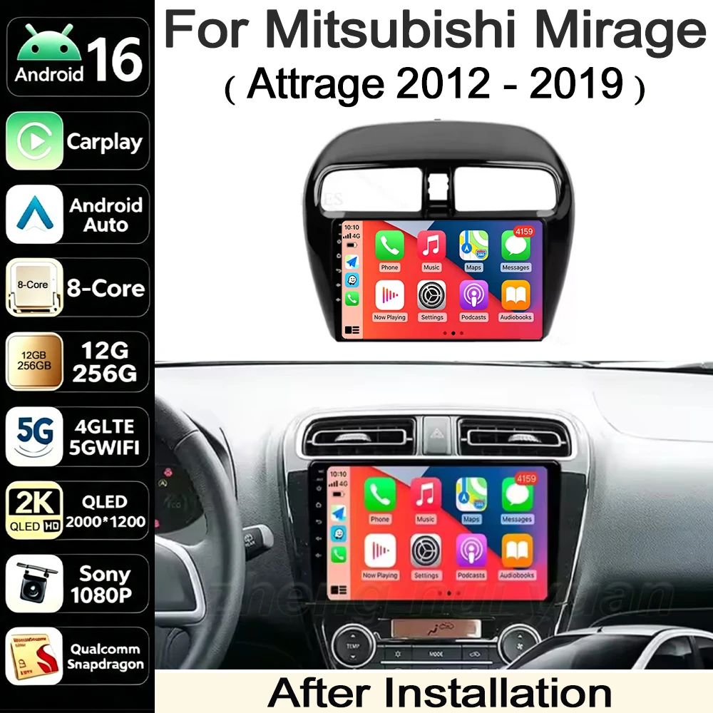 Android 16 CarPlay&Auto For Mitsubishi Mirage Attrage 2012-2018 2019 Car Radio Stereo GPS Navigation Multimedia Player Wireless