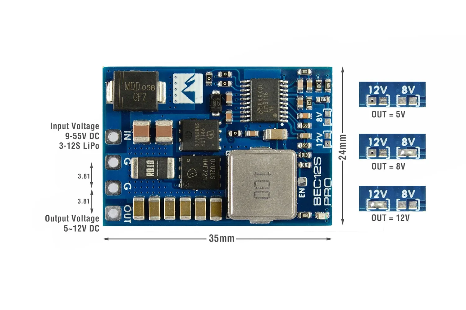 MATEKSYS BEC12S-PRO 9-55V TO 5V/8V/12V-5A BEC Module 3-12S Overcurrent Protection & Self-recovery