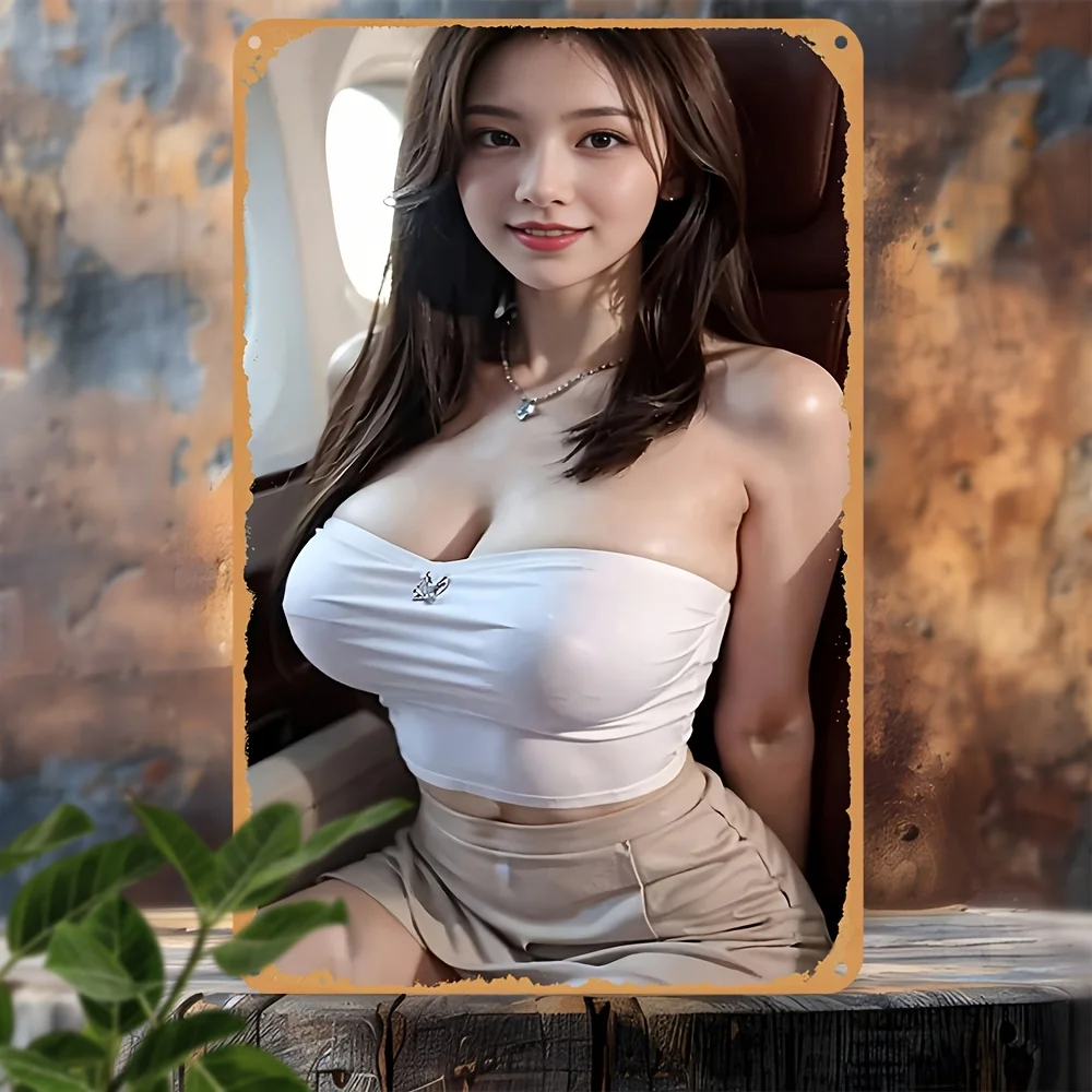 Vintage Sweet Asian Woman Metal Tin Sign - Retro Alluring Girl with Long Wavy Brown Hair in White Strapless Crop Top & Beige Min