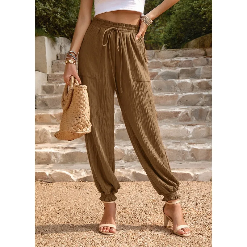 Calça feminina de cintura alta monocromática de gravata casual harém, roupa feminina, calças temperamentadas de deslocamento, nova moda, verão, 2024