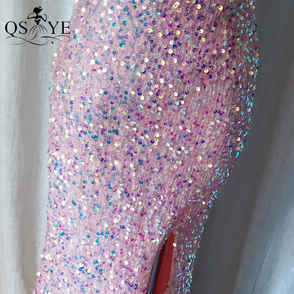 Een Schouder Roze Avondjurken Sequin Mermaid Prom Gown Glitter Kant Lange Formele Party Open Split Lady Pinkfashion Jurk Chic