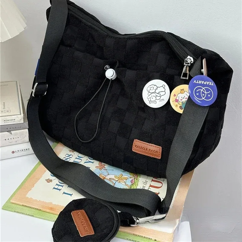 Bolso cruzado de estilo Harajuku para la universidad, bandolera de hombro de gran capacidad con estampado de cuadros de Color sólido, bonito bolso de diseñador de moda