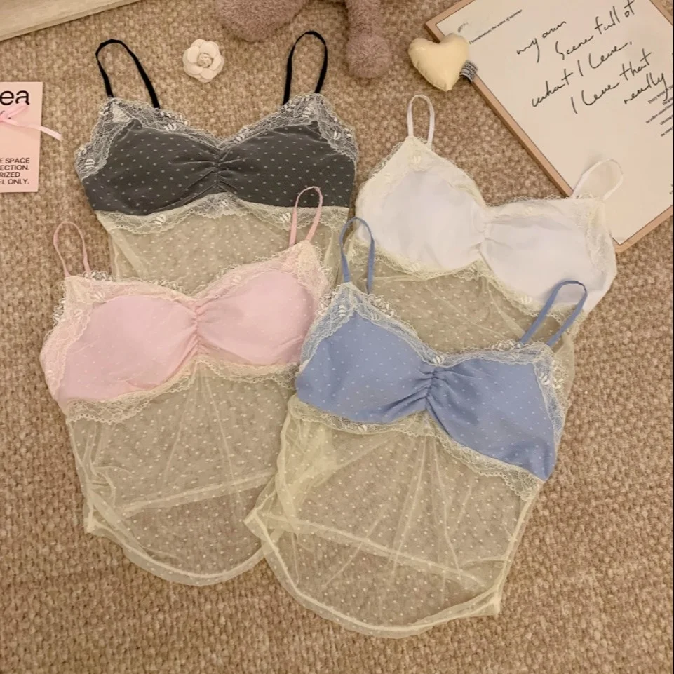 Summer New Sexy Sweet Spicy V-neck Lace Trim Camisole Women Slimming Fixed Chest Pad Top Strap Vest Nylon Spandex Blend