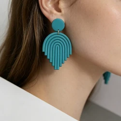 Earthy Tone Ribbed Polymer Clay Earrings Bohemian Arch Shaped Geometric Drop Terracotta Teal Matte Dangle Accessories for Her