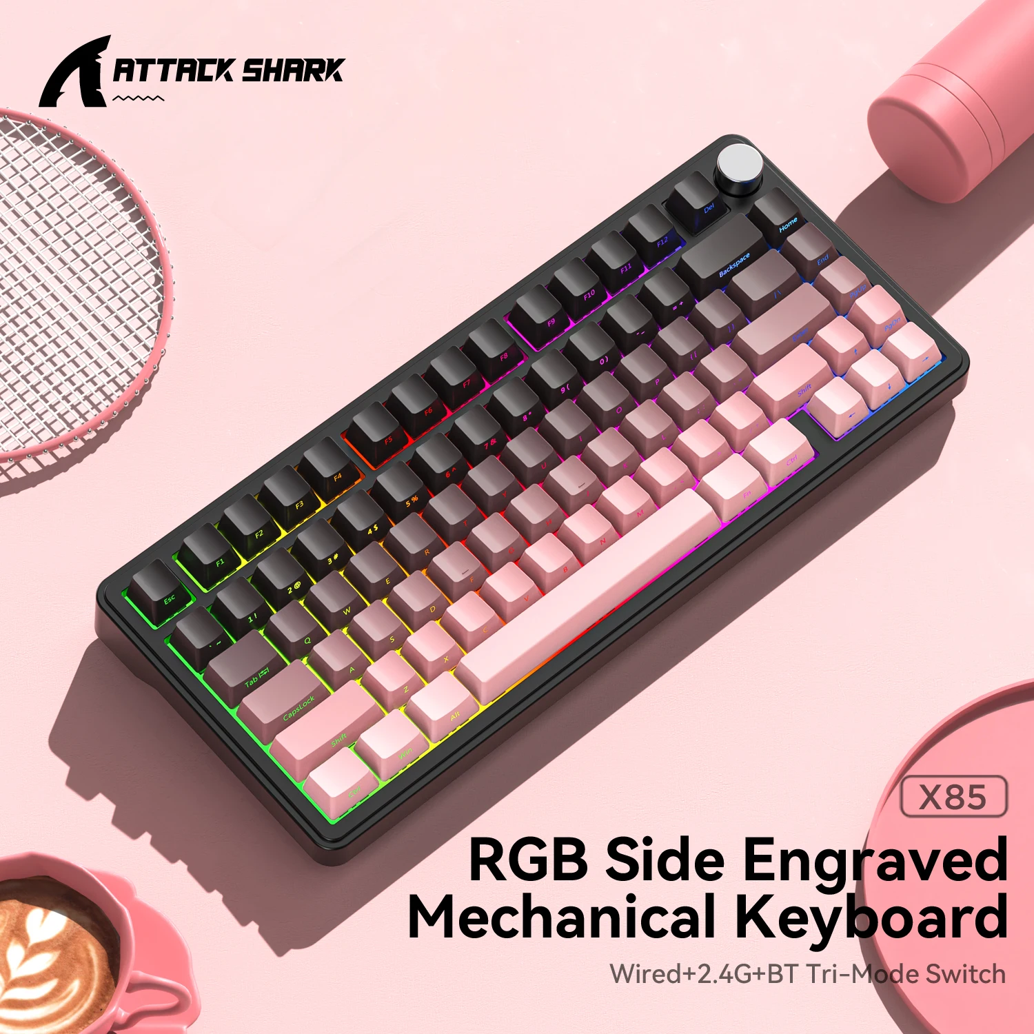 ATTACK SHARK X85 Bluetooth Keyboard Wireless with Meta Knobs,RGB Tri-Mode Mechanical Keyboard for Gaming,Hot-Swap/Long-Lasting