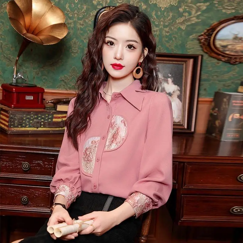 New Chinese Style Pink Long Sleeved Shirt for Women\'s Spring Wear 2024 New Style Chic Top High-end Women\'s Shirt