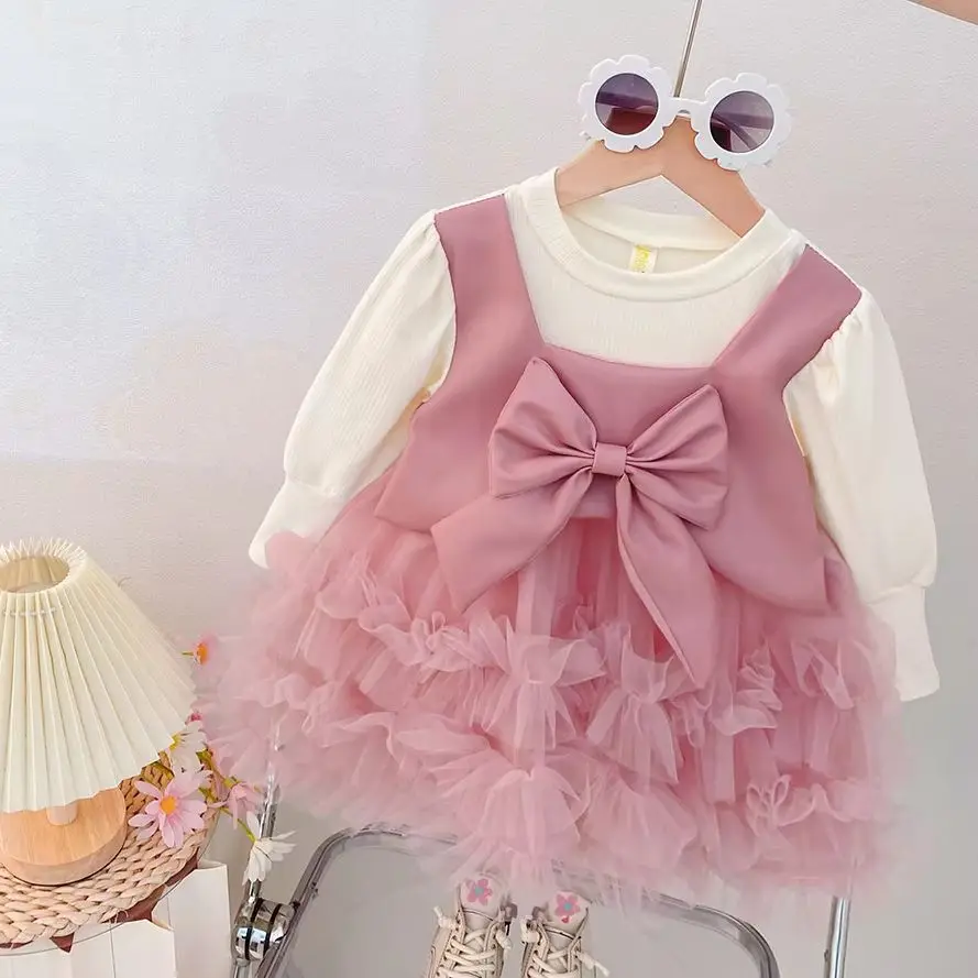 ベビー服幼児甘いリボンドレス女の子の秋の長袖ドレスキッズガールズ服-1-歳の誕生日プリンセスドレス