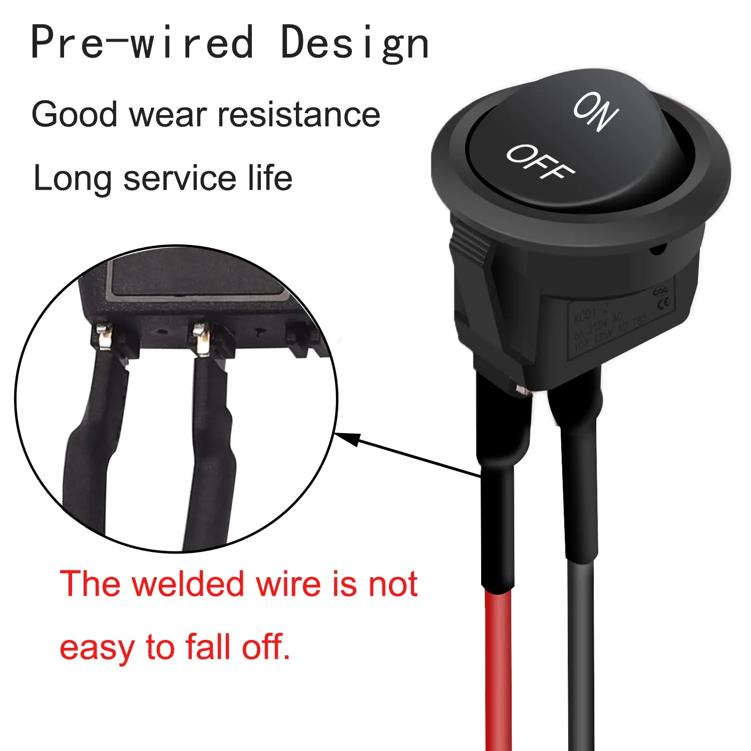 10PCS Rocker Switch 12V On/Off Toggle Switch SPST 2Pin with Pre-Wired 6A/250V 10A/125V AC for Automotive Boat etc