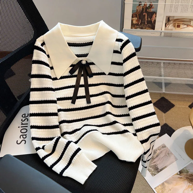 Pullovers Sweaters 2023 Hot Sales Women Long Sleeve Casual Knitted Top Striped Casual Loose France Style Sweater