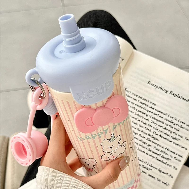 لطيف القط زجاجة ماء حراري مع القش القوس ملصق ترمس من الفولاذ المقاوم للصدأ للمياه الساخنة الباردة القهوة الشاي كوب حراري 600 مللي