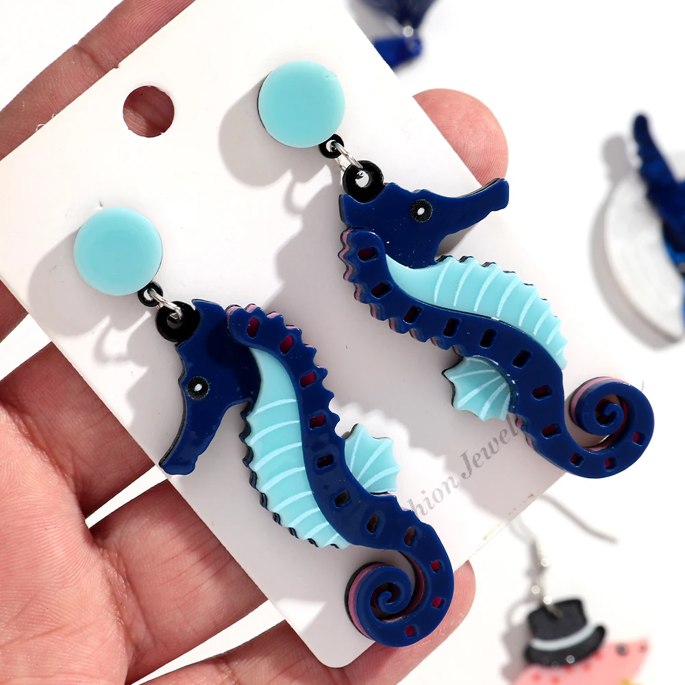 New Acrylic Marine Animals Earring for Women Creative Cute Seahorse Hat Shrimp Dolphin Long Drop Earrings Trendy Jewelry Gifts