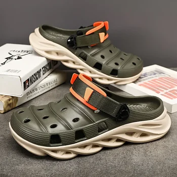 Sandalias de moda de retales con parte inferior gruesa para hombre, zapatos de playa informales, zuecos de jardín calados, zapatillas para exteriores, zapatos EVA, novedad de verano 2024