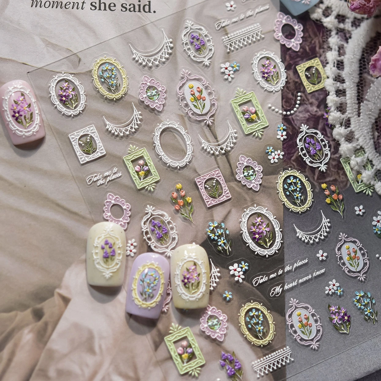 Marco de flores Vintage elegante, ramo de flores, lavanda, Margarita, tulipán, borlas, estilo europeo, pegatinas delicadas para decoración de uñas, calcomanías para manicura